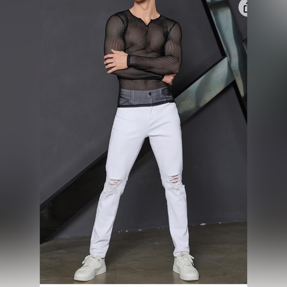 Men's Sheer Mesh See Through Notched V Neck Long Sleeve T Shirt Party Tops - Picture 7 of 7